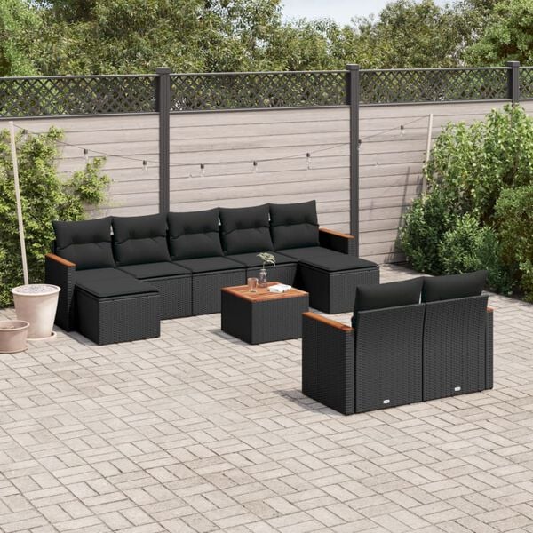 vidaXL 10 Piece Garden Sofa Set with Cushions Black Poly Rattan