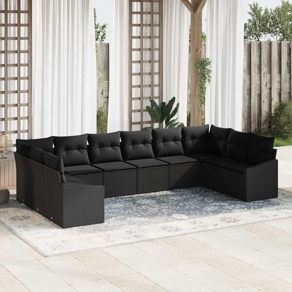 vidaXL Sofa Set with Cushion 10 pcs Black Poly Rattan
