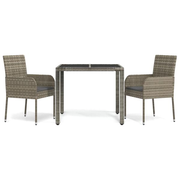 vidaXL 3 Piece Garden Dining Set with Cushions Grey Poly Rattan