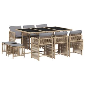 vidaXL 11 Piece Garden Dining Set with Cushions Mix Beige Poly Rattan