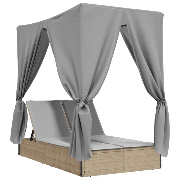 vidaXL Double Sun Lounger with Roof and Curtains Beige Poly Rattan