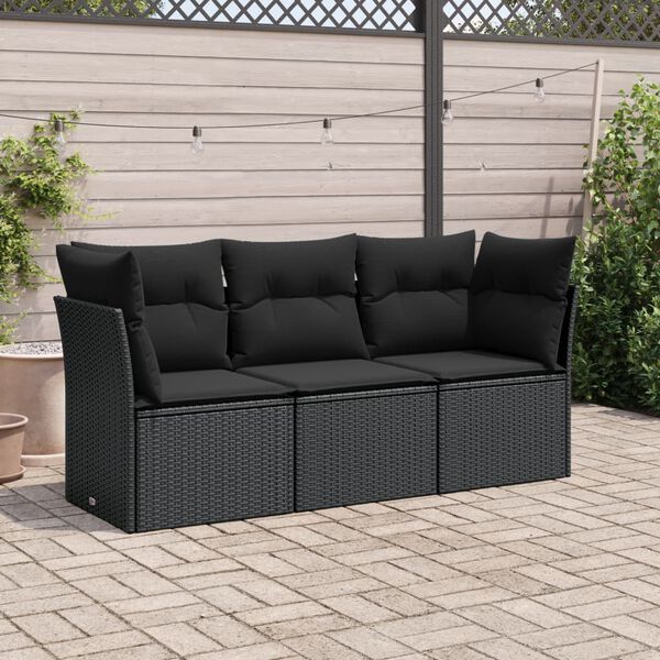 vidaXL 3 Piece Garden Sofa Set with Cushions Black Poly Rattan
