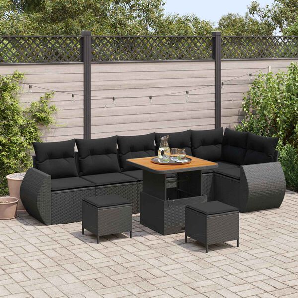 vidaXL Garden Sofa Set with Cushion 9 pcs Black Poly Rattan