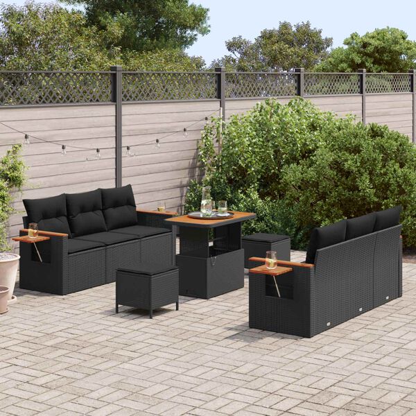 vidaXL Garden Sofa Set with Cushion 11 pcs Black Poly Rattan