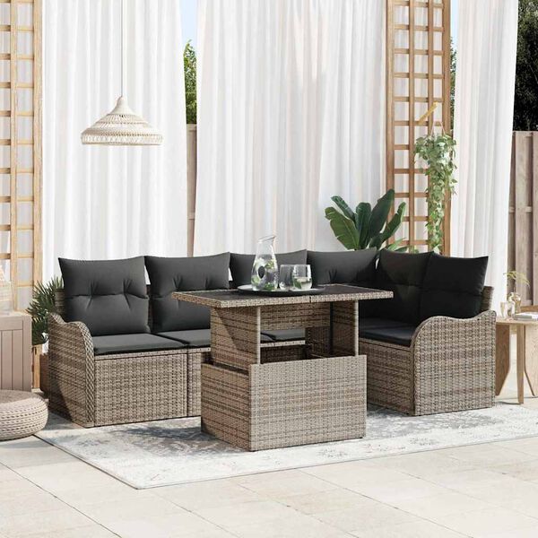 vidaXL Dining Set with Cushion 6 pcs Grey Poly rattan