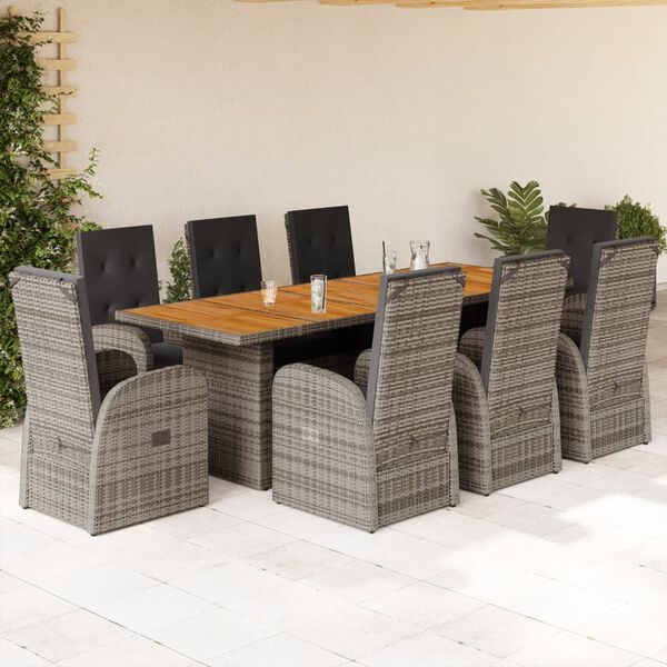 vidaXL 9 Piece Garden Dining Set with Cushions Grey Poly Rattan