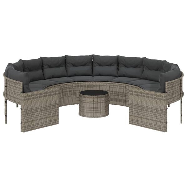vidaXL Garden Sofa with Table and Cushions Round Grey Poly Rattan