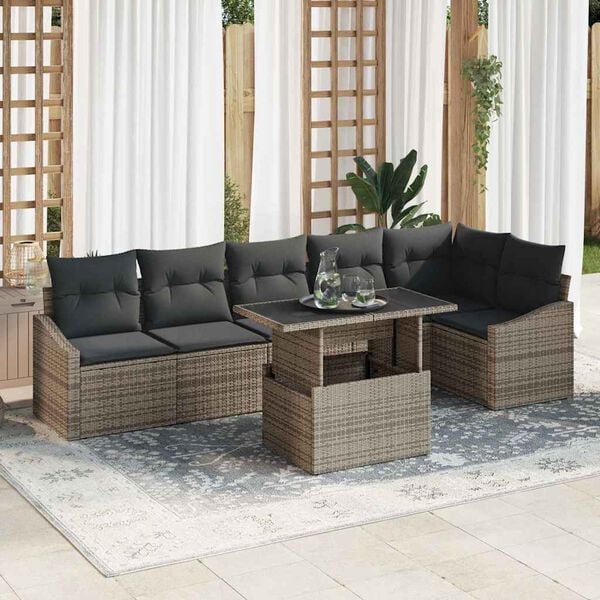 vidaXL Garden Sofa Set with Cushion 7 pcs Grey Poly Rattan