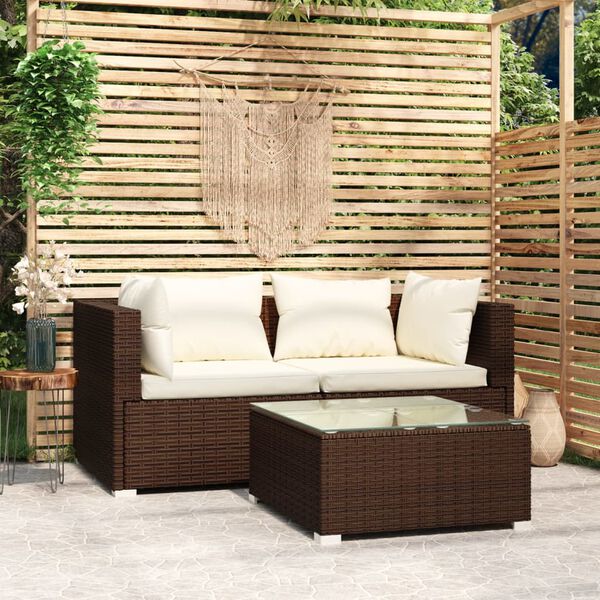 vidaXL 3 Piece Garden Lounge Set with Cushions Brown Poly Rattan