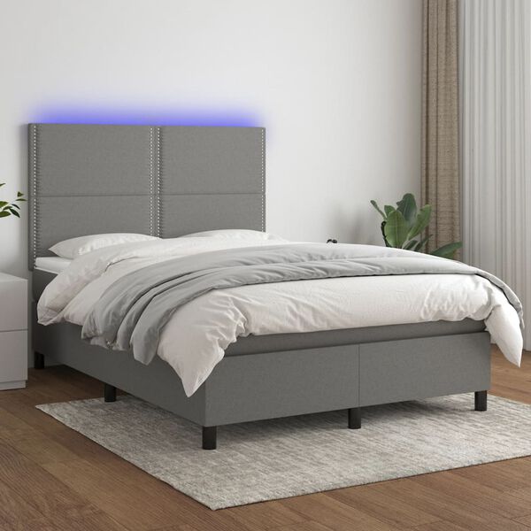 vidaXL Box Spring Bed with Mattress&LED Dark Grey 137x187 cm Double Size Fabric