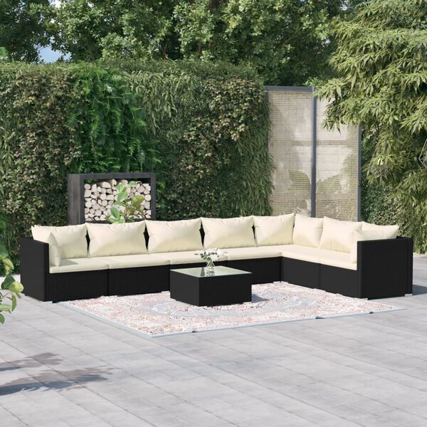 vidaXL 8 Piece Garden Lounge Set with Cushions Poly Rattan Black
