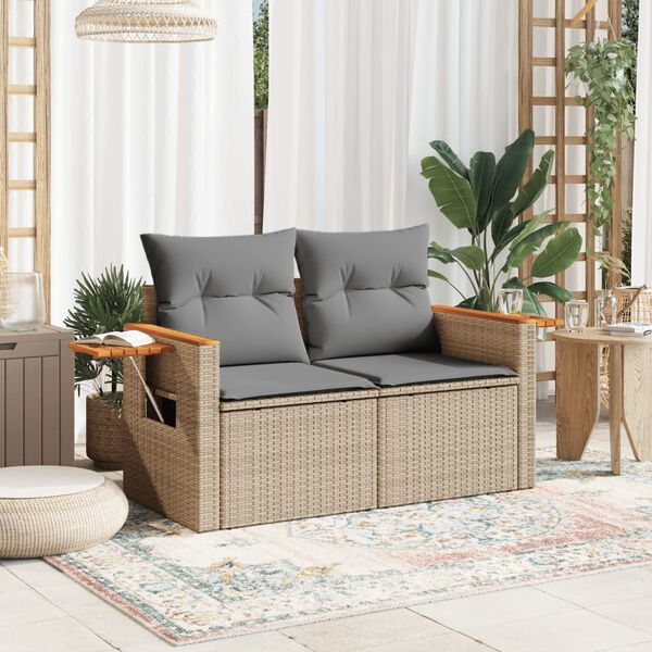 vidaXL Garden Sofa with Cushions 2-Seater Beige Poly Rattan