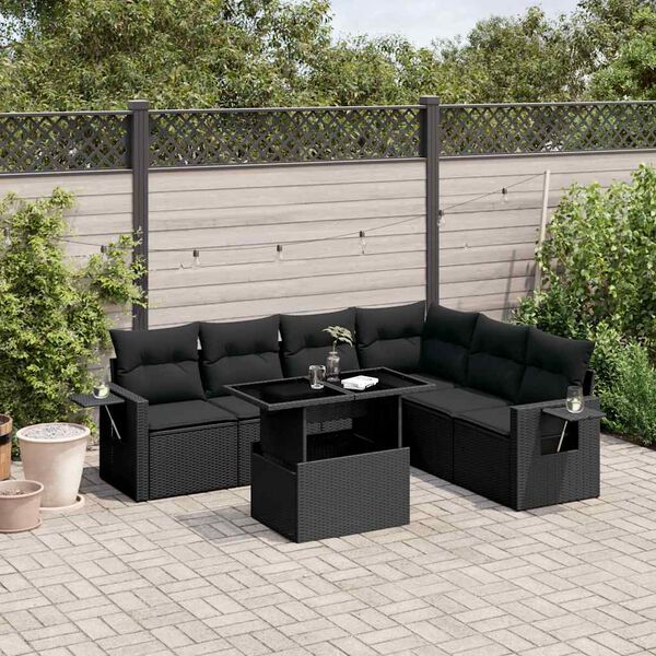 vidaXL 7 Piece Garden Sofa Set with Cushions Black Poly Rattan