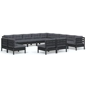 vidaXL 13 Piece Garden Lounge Set with Cushions Black Solid Pinewood