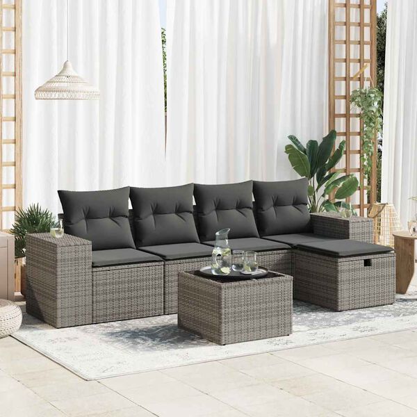 vidaXL 6 Piece Garden Sofa Set with Cushions Grey Poly Rattan