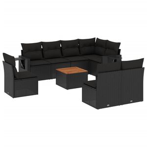 vidaXL 9 Piece Garden Sofa Set with Cushions Black Poly Rattan