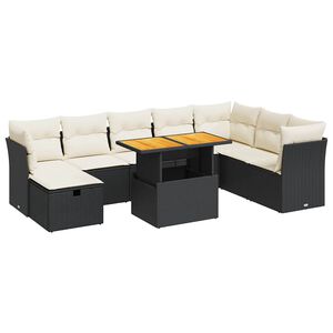 vidaXL 9 Piece Garden Sofa Set with Cushions Black Poly Rattan Acacia