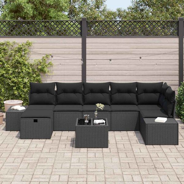 vidaXL Garden Sofa Set with Cushion 8 pcs Black Poly Rattan
