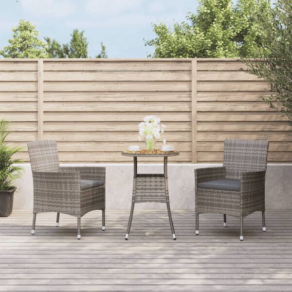 vidaXL 3 Piece Garden Bistro Set with Cushions Grey Poly Rattan