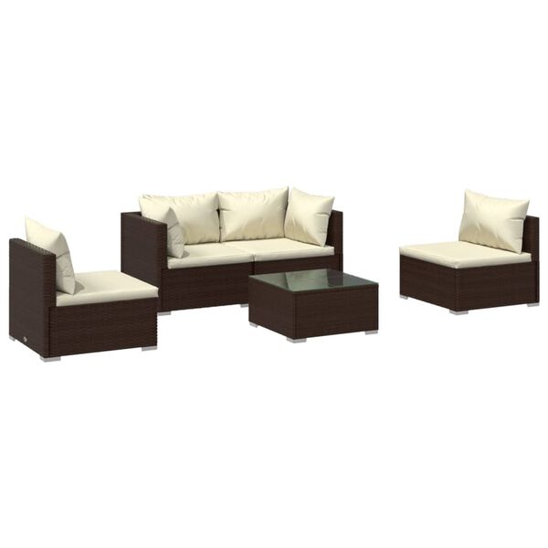 vidaXL 5 Piece Garden Lounge Set with Cushions Poly Rattan Brown