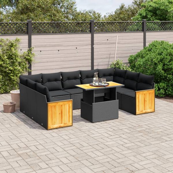 vidaXL 10 Piece Garden Sofa Set with Cushions Black Poly Rattan