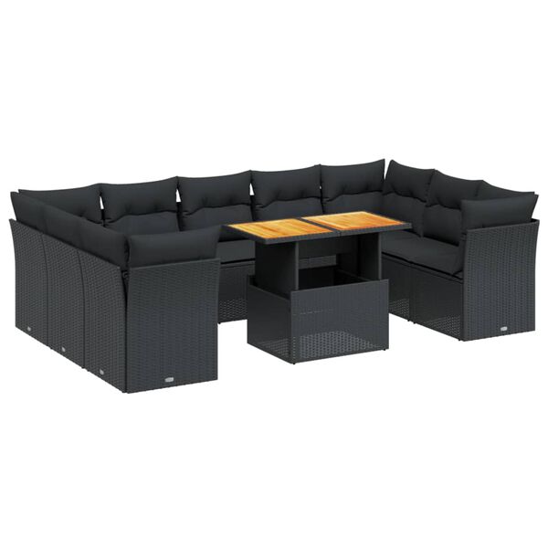vidaXL 10 Piece Garden Sofa Set with Cushions Black Poly Rattan