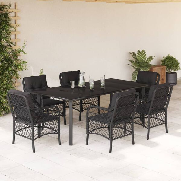 vidaXL 7 Piece Garden Dining Set with Cushions Black Poly Rattan