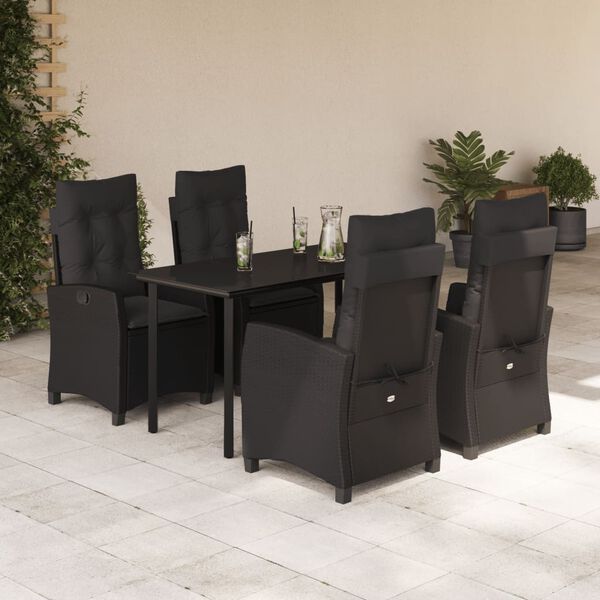 vidaXL 5 Piece Garden Dining Set with Cushions Black Poly Rattan