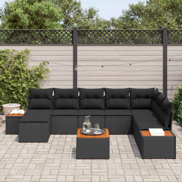 vidaXL Garden Sofa Set with Cushion 9 pcs Black Poly Rattan
