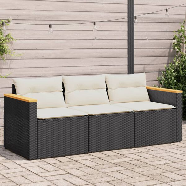 vidaXL Garden Sofa with Cushions 3-Seater Black Poly Rattan