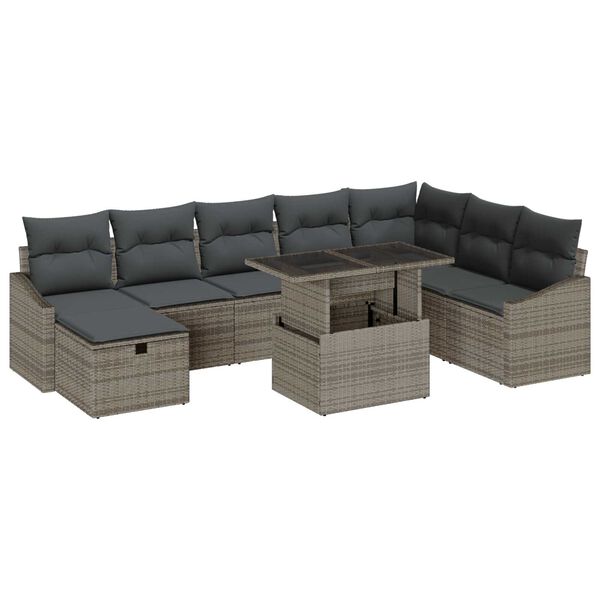 vidaXL Garden Sofa Set with Cushion 9 pcs Grey Poly rattan