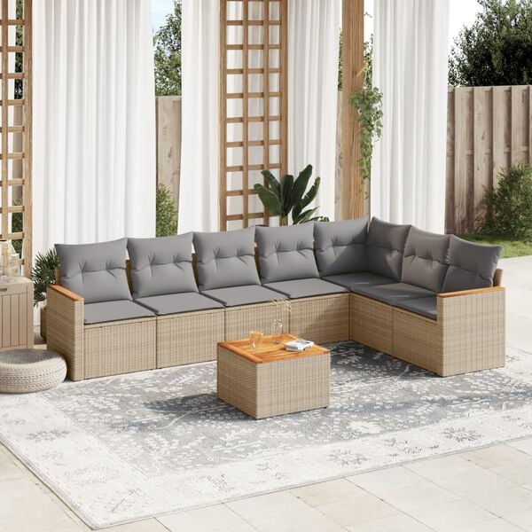 vidaXL 8 Piece Garden Sofa Set with Cushions Beige Poly Rattan