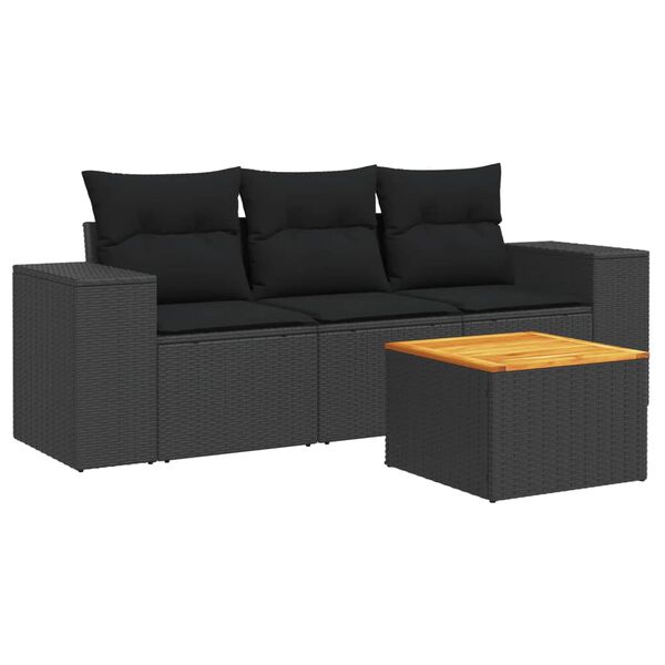 vidaXL 4 Piece Garden Sofa Set with Cushions Black Poly Rattan