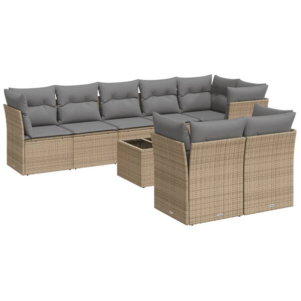 vidaXL 9 Piece Garden Sofa Set with Cushions Beige Poly Rattan