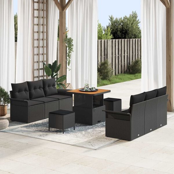 vidaXL Garden Sofa Set with Cushion 9 pcs Black Poly Rattan