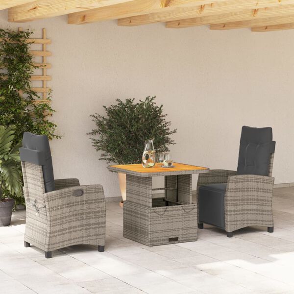 vidaXL 3 Piece Garden Dining Set with Cushions Grey Poly Rattan