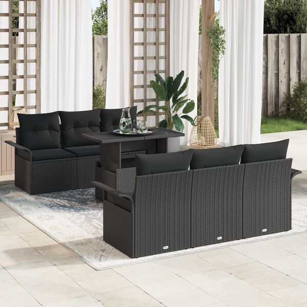 vidaXL Garden Sofa Set with Cushion 7 pcs Black Poly Rattan
