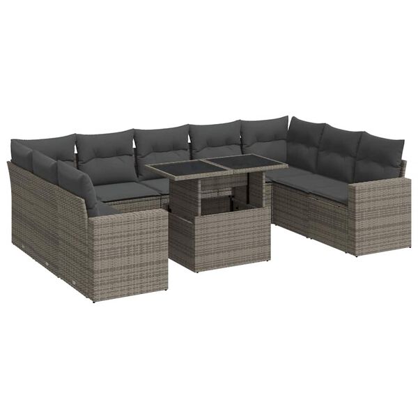 vidaXL 10 Piece Garden Sofa Set with Cushions Grey Poly Rattan