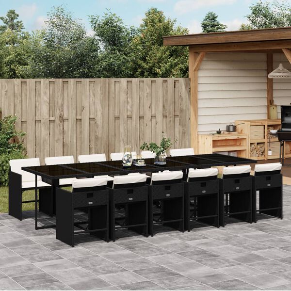 vidaXL 13 Piece Garden Dining Set with Cushions Black Poly Rattan