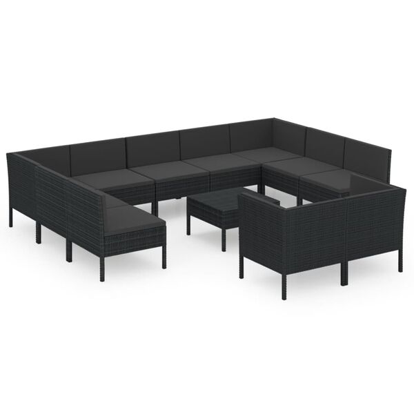 vidaXL 12 Piece Garden Lounge Set with Cushions Poly Rattan Black
