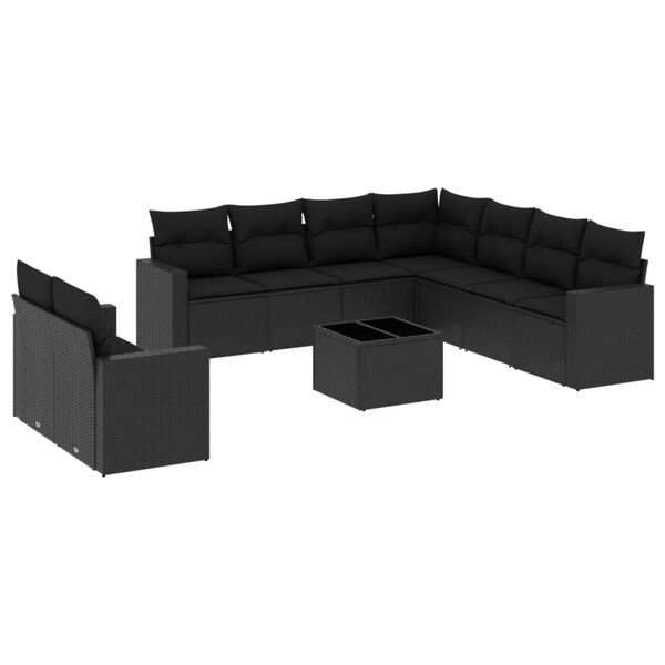 vidaXL 10 Piece Garden Sofa Set with Cushions Black Poly Rattan