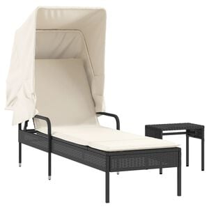 vidaXL Sun Lounger with Canopy and Table Black Poly Rattan