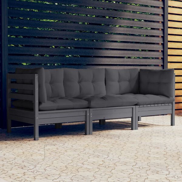 vidaXL 3-Seater Garden Sofa with Anthracite Cushions Solid Pinewood