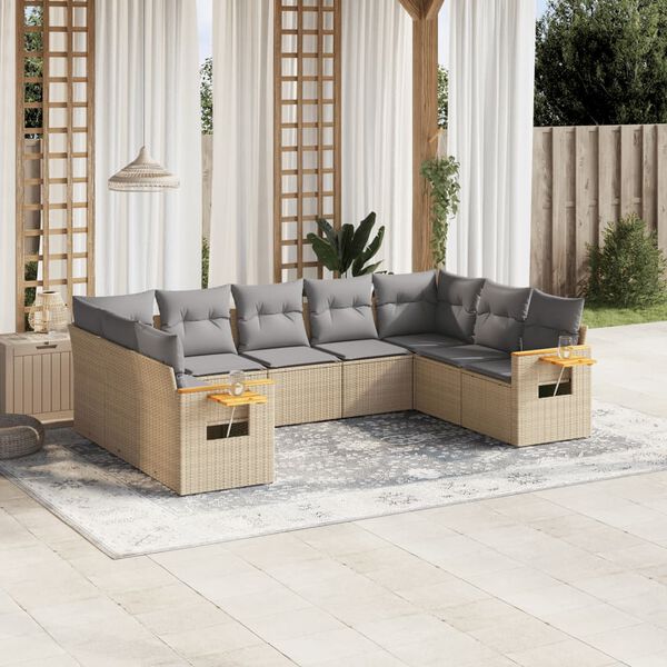vidaXL 9 Piece Garden Sofa Set with Cushions Beige Poly Rattan