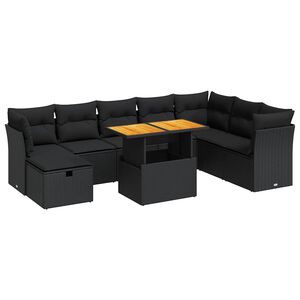 vidaXL 9 Piece Garden Sofa Set with Cushions Black Poly Rattan Acacia