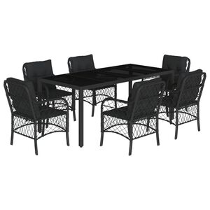 vidaXL 7 Piece Garden Dining Set with Cushions Black Poly Rattan