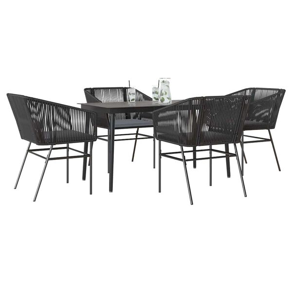 vidaXL 5 Piece Garden Dining Set with Cushions Black Poly Rattan Glass