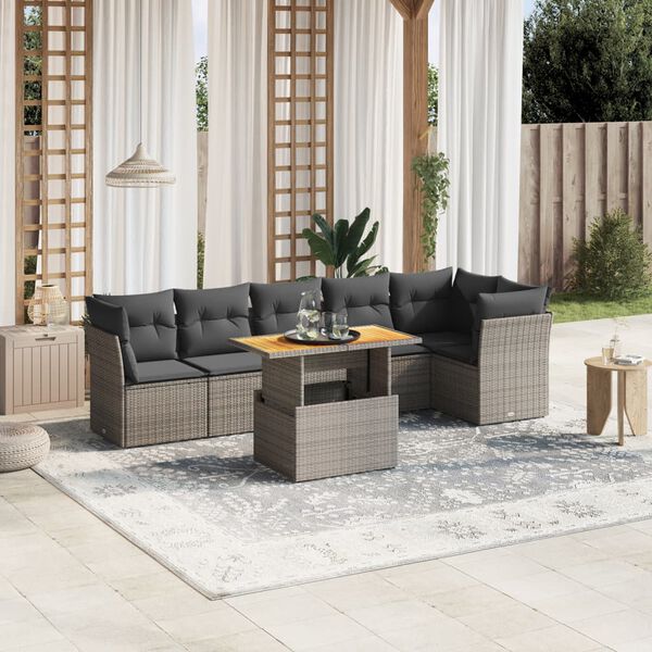 vidaXL 7 Piece Garden Sofa Set with Cushions Grey Poly Rattan