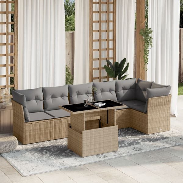 vidaXL 7 Piece Garden Sofa Set with Cushions Beige Poly Rattan