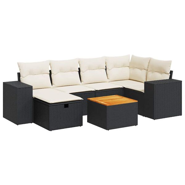 vidaXL 7 Piece Garden Sofa Set with Cushions Black Poly Rattan